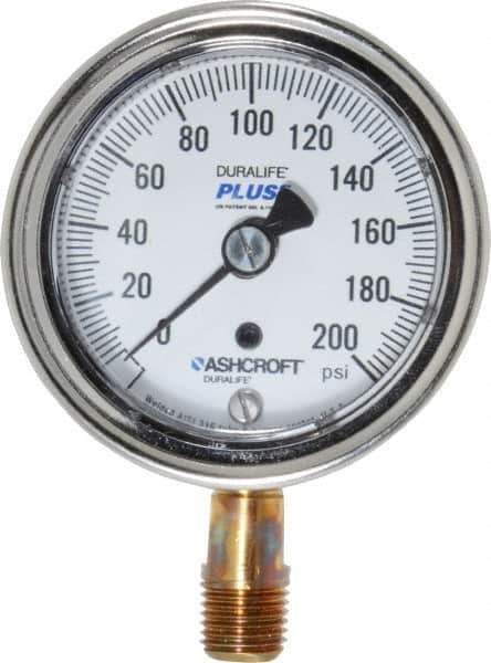 Ashcroft - 2-1/2" Dial, 1/4 Thread, 0-200 Scale Range, Pressure Gauge - Lower Connection Mount, Accurate to 1% of Scale - Apex Tool & Supply