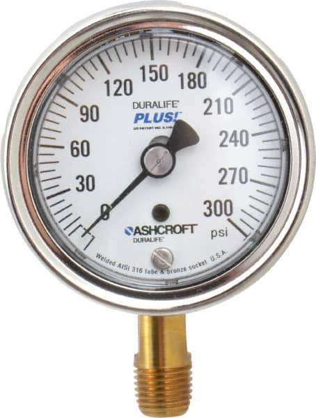 Ashcroft - 2-1/2" Dial, 1/4 Thread, 0-300 Scale Range, Pressure Gauge - Lower Connection Mount, Accurate to 1% of Scale - Apex Tool & Supply