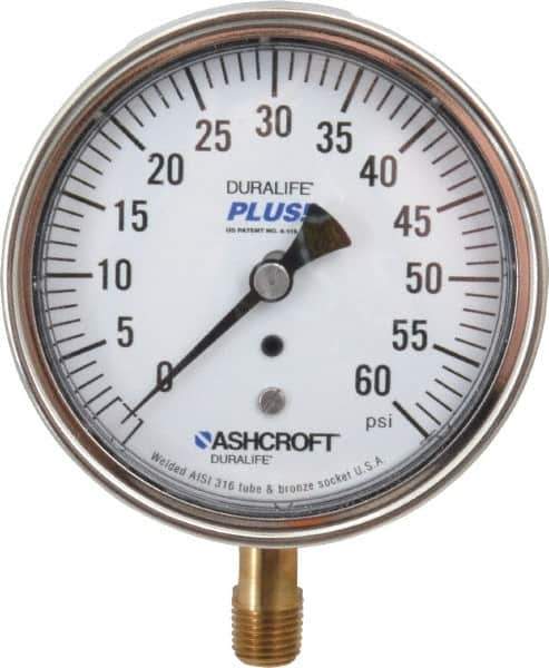 Ashcroft - 3-1/2" Dial, 1/4 Thread, 0-60 Scale Range, Pressure Gauge - Lower Connection Mount, Accurate to 1% of Scale - Apex Tool & Supply