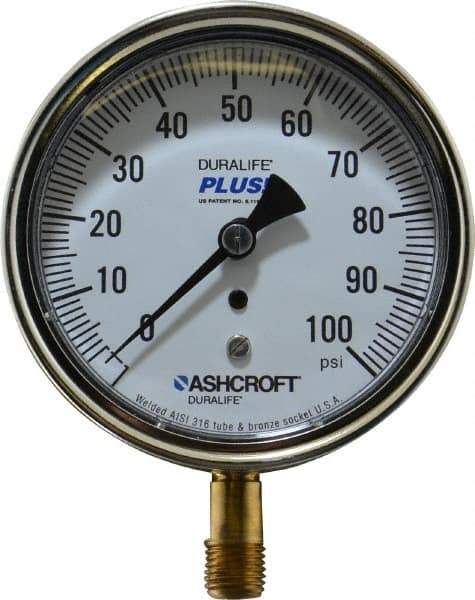 Ashcroft - 3-1/2" Dial, 1/4 Thread, 0-100 Scale Range, Pressure Gauge - Lower Connection Mount, Accurate to 1% of Scale - Apex Tool & Supply