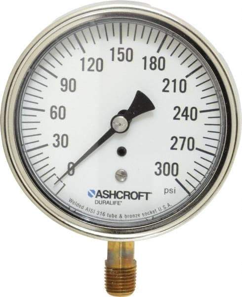 Ashcroft - 3-1/2" Dial, 1/4 Thread, 0-300 Scale Range, Pressure Gauge - Lower Connection Mount, Accurate to 1% of Scale - Apex Tool & Supply