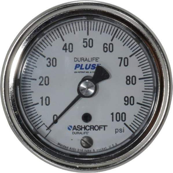 Ashcroft - 2-1/2" Dial, 1/4 Thread, 0-100 Scale Range, Pressure Gauge - Center Back Connection Mount, Accurate to 1% of Scale - Apex Tool & Supply