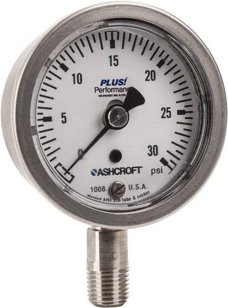 Ashcroft - 2-1/2" Dial, 1/4 Thread, 0-30 Scale Range, Pressure Gauge - Lower Connection Mount, Accurate to 3-2-3% of Scale - Apex Tool & Supply