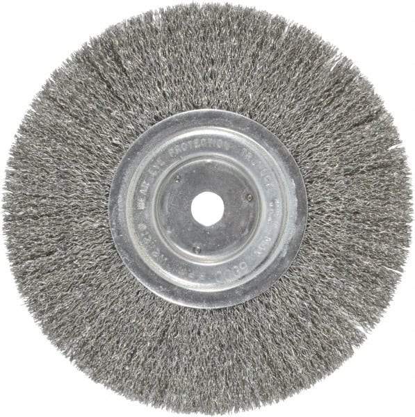 Weiler - 8" OD, 5/8" Arbor Hole, Crimped Steel Wheel Brush - 1/2" Face Width, 2-1/16" Trim Length, 0.014" Filament Diam, 6,000 RPM - Apex Tool & Supply