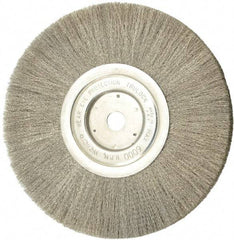 Weiler - 8" OD, 5/8" Arbor Hole, Crimped Stainless Steel Wheel Brush - 1/2" Face Width, 2-1/16" Trim Length, 0.006" Filament Diam, 6,000 RPM - Apex Tool & Supply