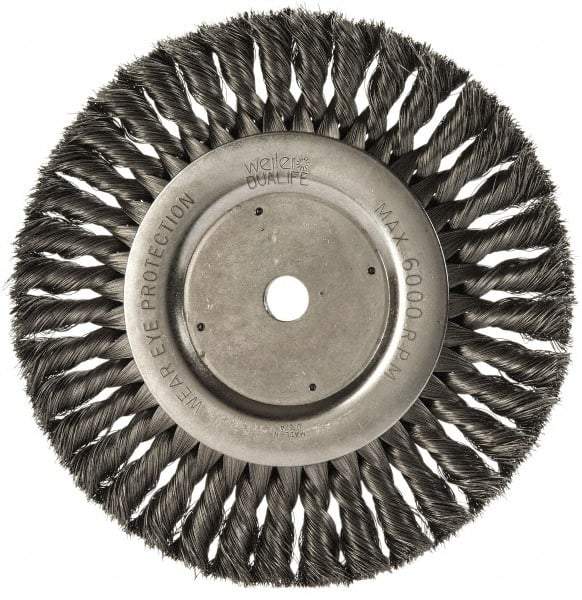 Weiler - 8" OD, 5/8" Arbor Hole, Knotted Steel Wheel Brush - 5/8" Face Width, 1-5/8" Trim Length, 0.0118" Filament Diam, 6,000 RPM - Apex Tool & Supply