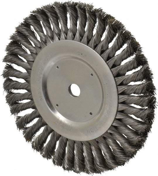 Weiler - 8" OD, 5/8" Arbor Hole, Knotted Steel Wheel Brush - 5/8" Face Width, 1-5/8" Trim Length, 0.016" Filament Diam, 6,000 RPM - Apex Tool & Supply