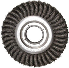 Weiler - 8" OD, 2" Arbor Hole, Knotted Steel Wheel Brush - 1" Face Width, 1-5/8" Trim Length, 0.016" Filament Diam, 6,000 RPM - Apex Tool & Supply