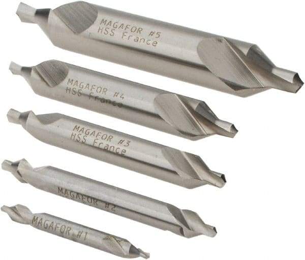 Magafor - 5 Piece, #1 to 5, 1/8 to 7/16" Body Diam, 3/64 to 3/16" Point Diam, Plain Edge, High Speed Steel Combo Drill & Countersink Set - 60° Incl Angle, 0.067 to 0.256" Point Length, 1/8 to 2-3/4" OAL, Double End, 115 Series Compatibility - Apex Tool & Supply