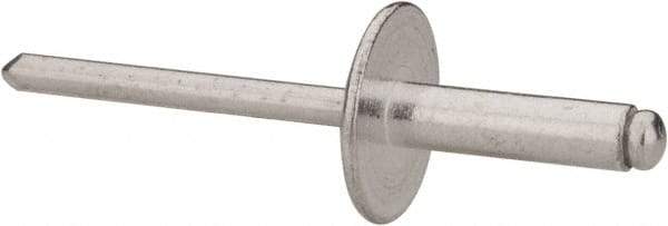 RivetKing - Size 68 Large Flange Dome Head Aluminum Open End Blind Rivet - Aluminum Mandrel, 0.376" to 1/2" Grip, 5/8" Head Diam, 0.192" to 0.196" Hole Diam, 0.7" Length Under Head, 3/16" Body Diam - Apex Tool & Supply