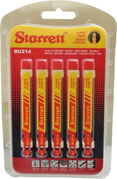 Starrett - 3" Long, 14 Teeth per Inch, Bi-Metal Jig Saw Blade - Toothed Edge, 5/16" Wide x 0.04" Thick, U-Shank, Wavy Tooth Set - Apex Tool & Supply