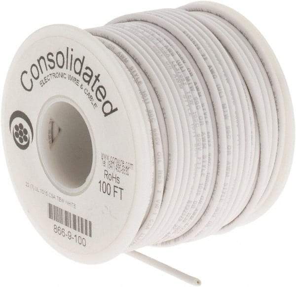 Made in USA - 22 AWG, 7 Strand, 100' OAL, Tinned Copper Hook Up Wire - White PVC Jacket, 0.091" Diam - Apex Tool & Supply