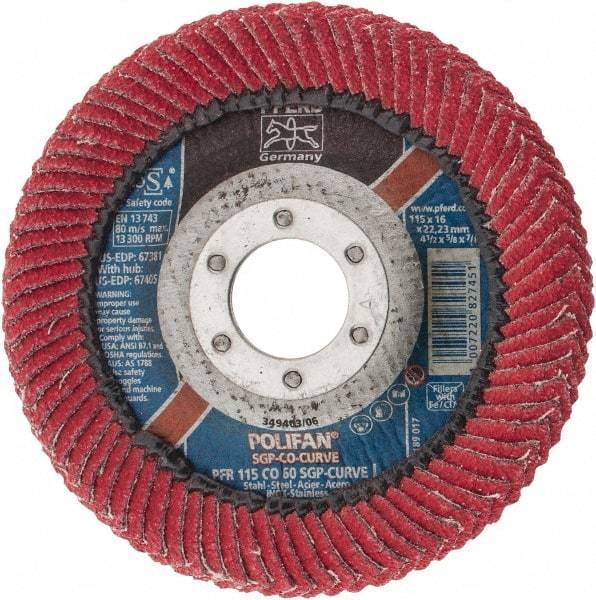 PFERD - 60 Grit, 4-1/2" Disc Diam, 7/8" Center Hole, Type 27 Ceramic Flap Disc - 13,300 Max RPM, Fiberglass Backing, Arbor Attaching System, Coated - Apex Tool & Supply