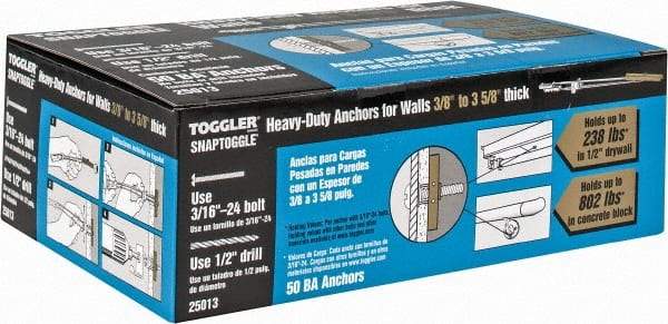 Toggler - 3/16" Screw, 6-1/4" Long, 3/8 to 3-5/8" Thick, Toggle Bolt Drywall & Hollow Wall Anchor - 3/16 - 24" Thread, 1/2" Drill, Zinc Plated, Steel, Grade 1010, Use in Drywall - Apex Tool & Supply