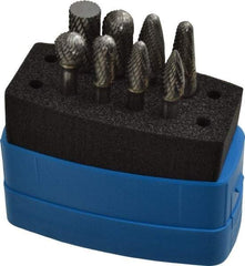 Made in USA - 8 Piece, 1/4" Shank Burr Set - Solid Carbide, Multiple Head Shapes, 14° Included Angle - Apex Tool & Supply