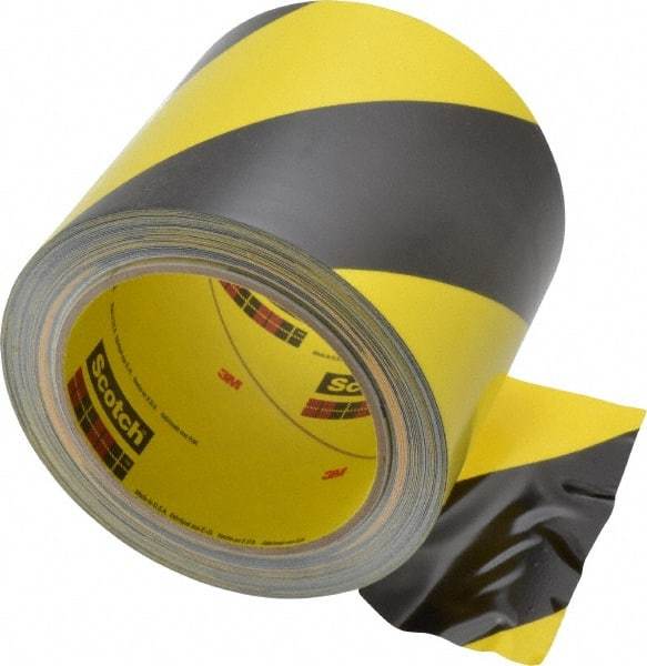 3M - Black & Yellow Striped Vinyl Tape - 4" Wide x 108' Long x 5.4 mil Thick, General Traffic - Apex Tool & Supply