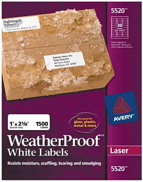 AVERY - 1" Wide x 2-5/8" Long, White Polyester Shipping Label - For Laser Printers - Apex Tool & Supply