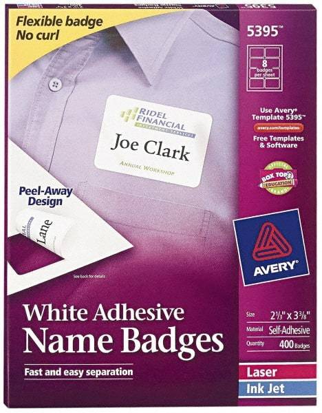 AVERY - 3-3/8" Long, White Paper Name Badge Labels - For Laser/Inkjet Printers - Apex Tool & Supply