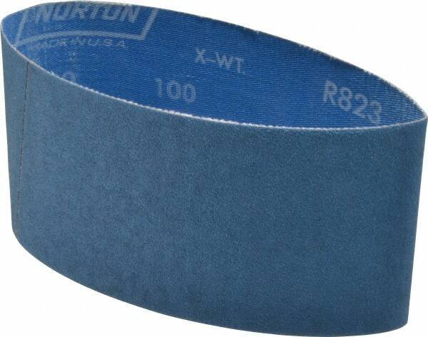 Norton - 3-1/2" Wide x 15-1/2" OAL, 100 Grit, Zirconia Alumina Abrasive Belt - Zirconia Alumina, Fine, Coated, X Weighted Cloth Backing, Series R823 - Apex Tool & Supply