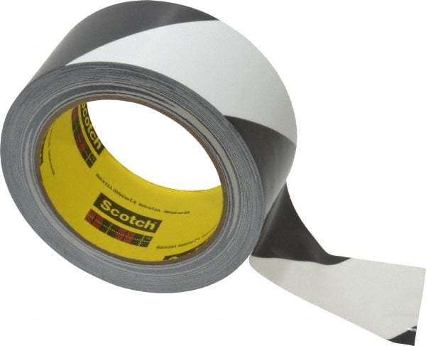 3M - Black & White Striped Vinyl Tape - 2" Wide x 108' Long x 5.4 mil Thick, General Traffic - Apex Tool & Supply