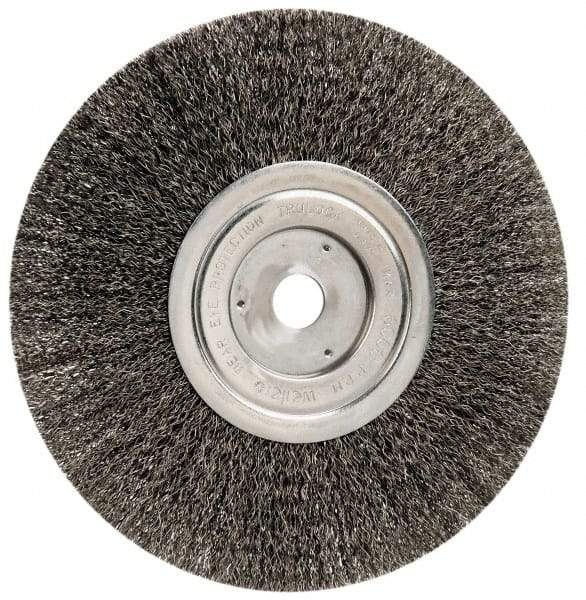 Weiler - 8" OD, 3/4" Arbor Hole, Crimped Steel Wheel Brush - 1/2" Face Width, 2-1/16" Trim Length, 0.014" Filament Diam, 6,000 RPM - Apex Tool & Supply
