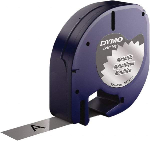Dymo - 1/2" Wide x 156" Long, Black on Silver Metallic Tape - For DYMO Letratag Printers - Apex Tool & Supply
