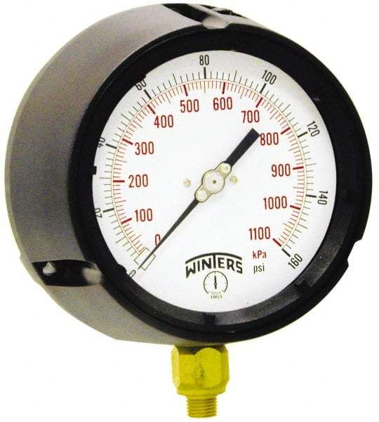 Winters - 4-1/2" Dial, 1/4 Thread, 30-0-160 Scale Range, Pressure Gauge - Lower Connection Mount, Accurate to 0.5% of Scale - Apex Tool & Supply