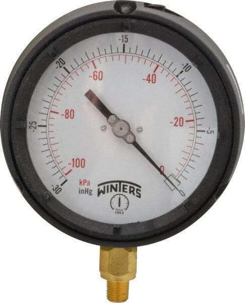 Winters - 4-1/2" Dial, 1/4 Thread, 30-0 Scale Range, Pressure Gauge - Lower Connection Mount, Accurate to 0.5% of Scale - Apex Tool & Supply