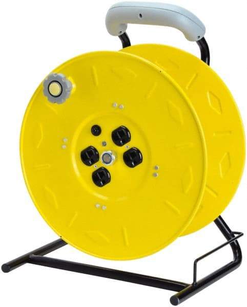 Value Collection - 12 AWG, 100' Cable Length, Cord & Cable Reel with Outlet End, No Cable - 4 Outlets, NEMA 5-15R, 15 Amps, 125 Volts, SO Cable, Yellow Reel, Hand Crank Reel - Apex Tool & Supply
