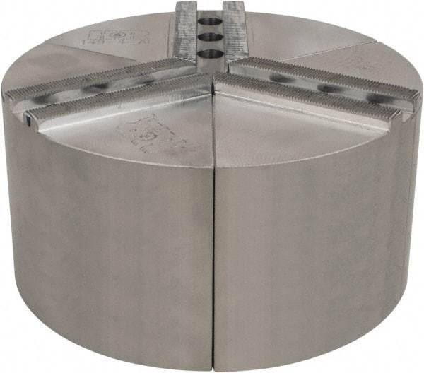 H & R Manufacturing - 1.5mm x 60° Serrated Attachment, Round Soft Lathe Chuck Jaw - 3 Jaws, Aluminum, 1" Btw Mount Hole Ctrs, 4" Long x 8" Wide x 4" High, 0.551" Groove, 12mm Fastener - Apex Tool & Supply