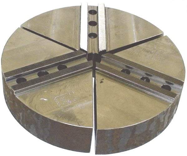 H & R Manufacturing - 1.5mm x 60° Serrated Attachment, Round Soft Lathe Chuck Jaw - 3 Jaws, Cast Iron, 1.181" Btw Mount Hole Ctrs, 5" Long x 10" Wide x 2" High, 0.63" Groove, 12mm Fastener - Apex Tool & Supply