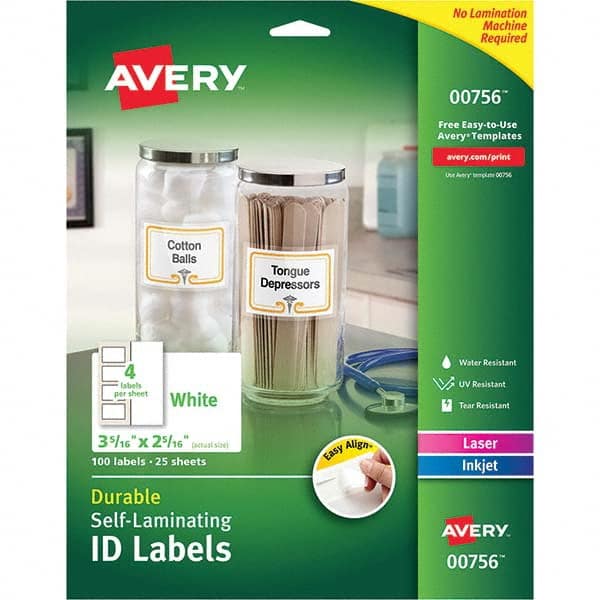 AVERY - Pack of (100), 2-5/16" x 3-5/16" White Paper Self Laminating Labels - Apex Tool & Supply