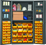 36"W - 14 Gauge - Lockable Cabinet - With 64 Yellow Hook-on Bins - 2 Adjustable Shelves - 6 Door Shelves - Deep Door Style - Gray - Apex Tool & Supply