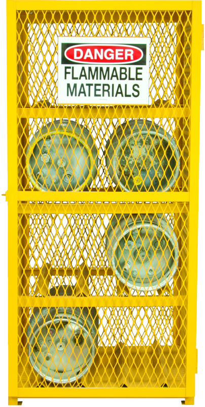 30"W - All Welded - Angle Iron Frame with Mesh Side - Horizontal Gas Cylinder Cabinet - 3 Shelves - Magnet Door - Safety Yellow - Apex Tool & Supply