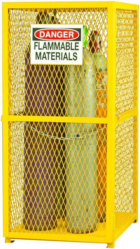 30" W - All welded - Angle Iron Frame with Mesh Side - Vertical Gas Cylinder Cabinet - Magnet Door - Safety Yellow - Apex Tool & Supply
