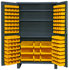 48"W - 14 Gauge - Lockable Cabinet - With 137 Yellow Hook-on Bins - 3 Adjustable Shelves - Flush Door Style - Gray - Apex Tool & Supply
