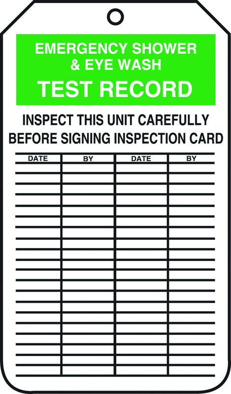 Inspection Record Tag, Emergency Shower & Eye Wash Test Record, 25/Pk, Plastic - Apex Tool & Supply