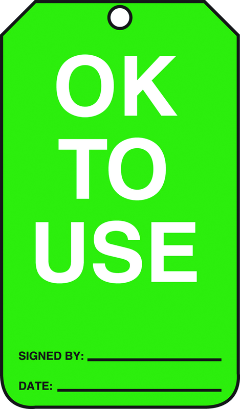 Cylinder Tag, OK To Use, 25/Pk, Plastic - Apex Tool & Supply
