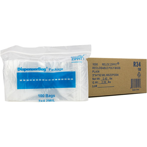 3″ × 4″ 2-MIL Clear Reloc Zippit Zipper Bags, Sold per Case of 1000 (10 boxes of 100 per case)