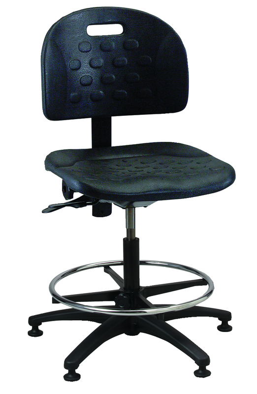 Black Polyurethane Task Stool - Adj. Contoured Backrest, Waterfall Seat, Seat and Back Tilt, Glides Standard, Pneu Hgt. Adj., 20" Adj. Footring, Black Plastic ABS Base, Bench Hgt 23.5"-33.5" - Apex Tool & Supply
