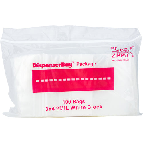 3″ × 4″ 2-MIL White Block Reloc Zippit Zipper Bags, Sold per Case of 1000 (10 boxes of 100 per case)