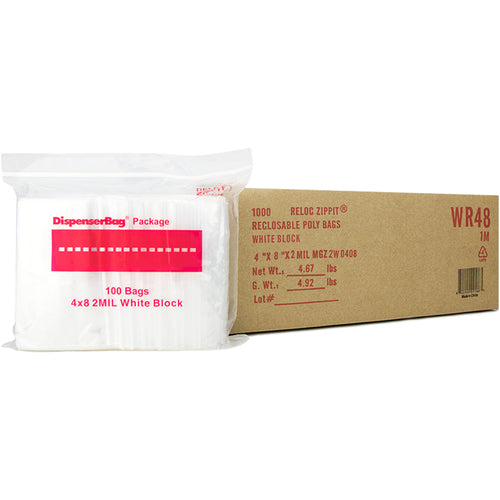 4″ × 8″ 2-MIL White Block Reloc Zippit Zipper Bags, Sold per Case of 1000 (10 boxes of 100 per case)