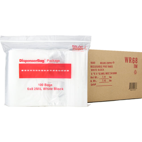 6″ × 8″ 2-MIL White Block Reloc Zippit Zipper Bags, Sold per Case of 1000 (10 boxes of 100 per case)