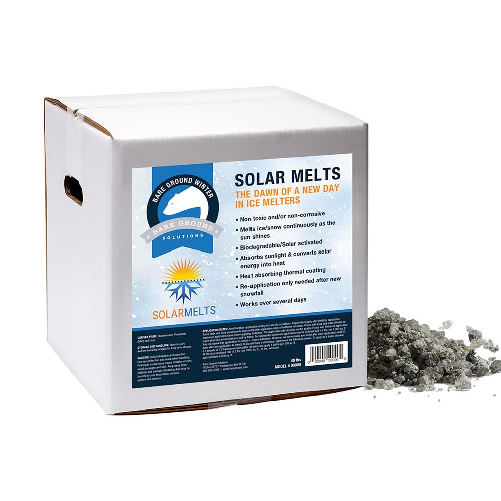 The dawn of a new day in ice melters. Bare Ground has applied a new revolutionary nano technology to winter ice melt. The special heat absorbing thermal coating works continuously as the sun shines to convert solar energy (sunshine) into heat. This new bi