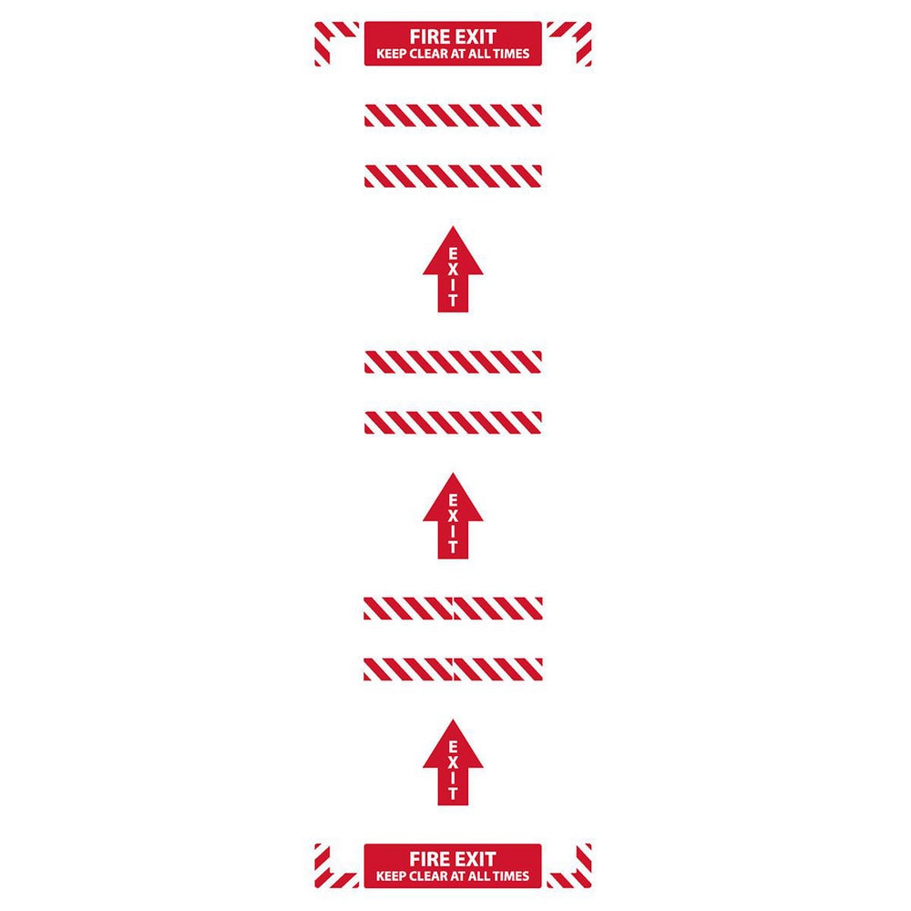 Adhesive Backed Floor Signs; Message Type: Traffic Control; Message/Graphic: Message Only; Message or Graphic: Message Only; Legend: FIRE EXIT KEEP CLEAR AT ALL TIMES; Material: Vinyl; Legend Color: White; Color: Red, White; Shape: Rectangle