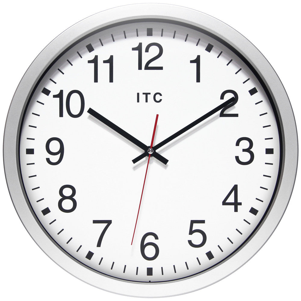 Office Wall Clocks; Clock Type: Dial; Display Type: Analog; Power Source: Battery; Clock Movement Control: Manual; Face Diameter: 12.0000; Face Color: White; Case Color: Silver; Digit Color: Black