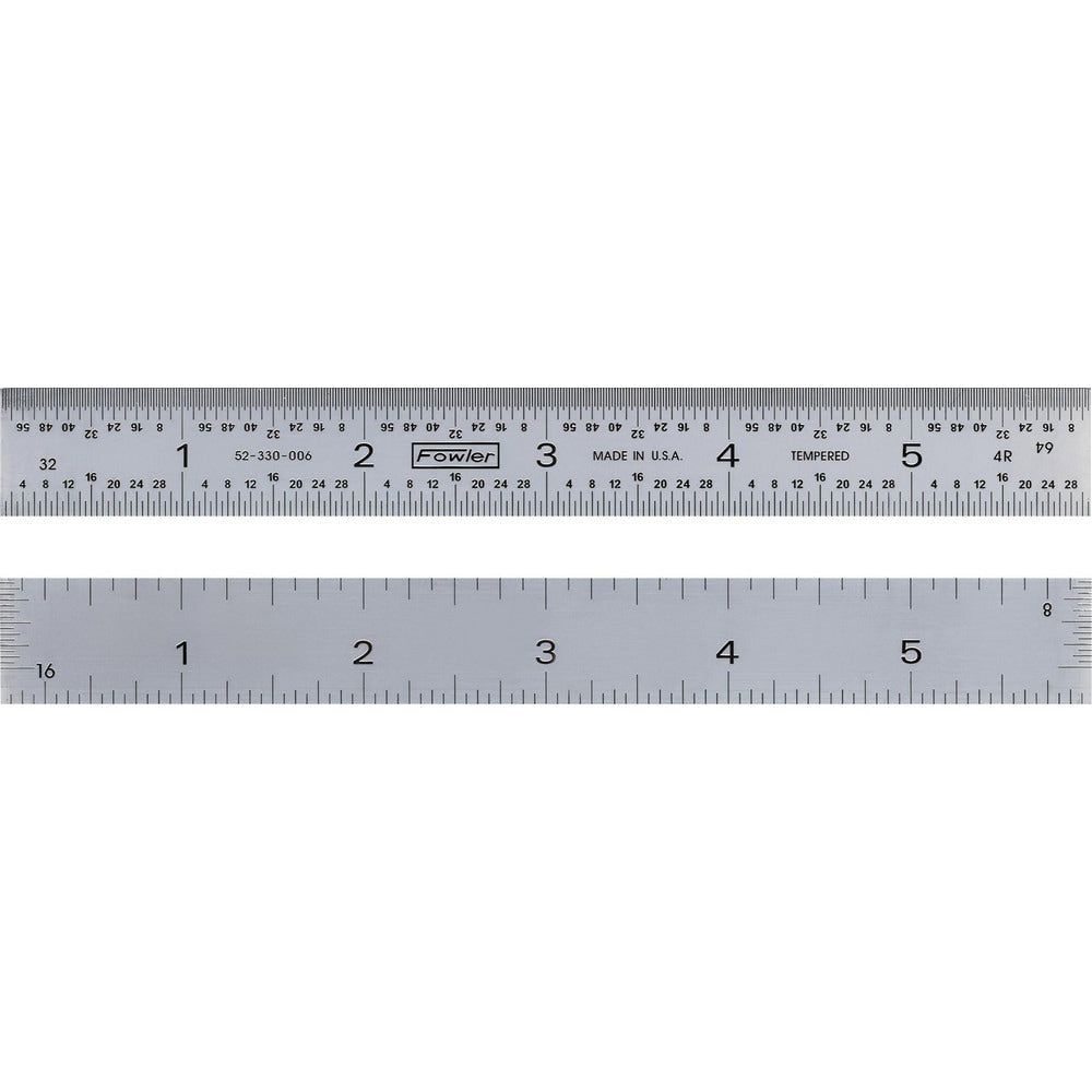 Steel Rules; Material: Steel; Length (Inch): 6; Graduation (Inch): 1/16, 1/64, 1/8, 1/32; Tip Style: Flat; Color: Silver; Flexibility: Rigid