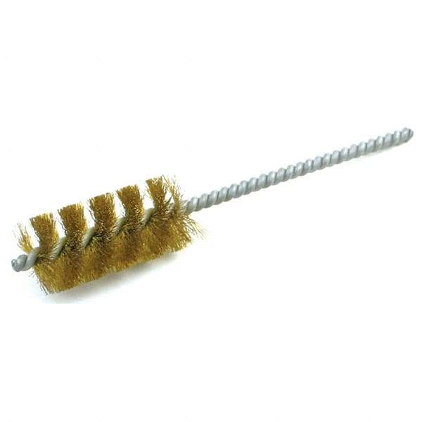 Brush Research Mfg. - 9/16" Diam Helical Brass Tube Brush - Single Spiral, 0.005" Filament Diam, 1-1/2" Brush Length, 5" OAL, 0.19" Diam Galvanized Steel Shank - Apex Tool & Supply