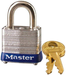 Master Lock - 9/16" Shackle Clearance, Keyed Alike General Security Padlock - 3/16" Shackle Diam, Laminated Steel - Apex Tool & Supply