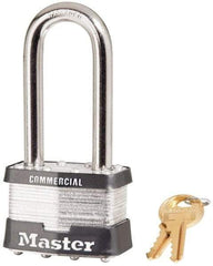 Master Lock - 2-1/2" Shackle Clearance, Keyed Different Padlock - 15/16" Shackle Width, 3/8" Shackle Diam, Laminated Steel - Apex Tool & Supply